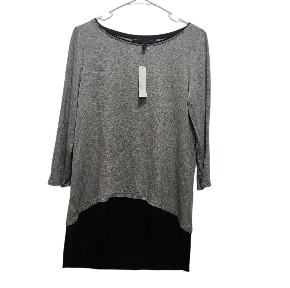 NEW White House Black Market WHBM Gray Black Woven Hem 3/4 Sleeve Tunic Size S